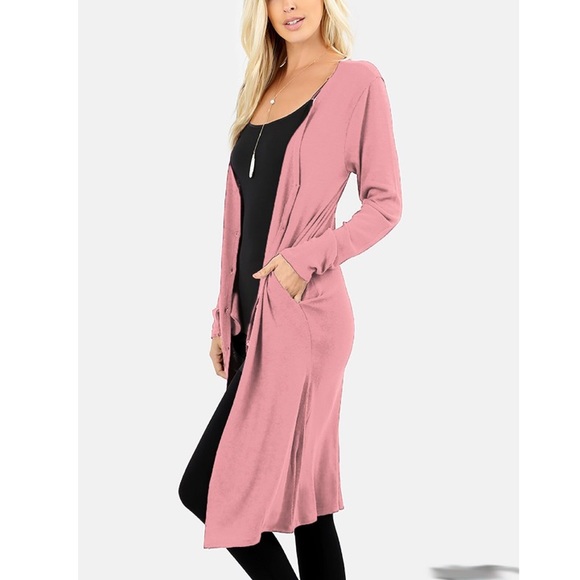 Dark Rose Button Down Cardigan with Side Pocket - Picture 2 of 2